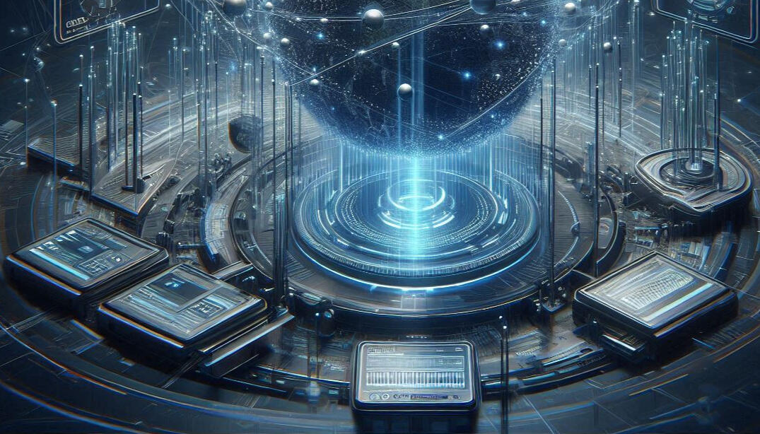 Infusing the world with curiosity and clarity world hovering over a power station emitting energy with clarity and curiosity chips